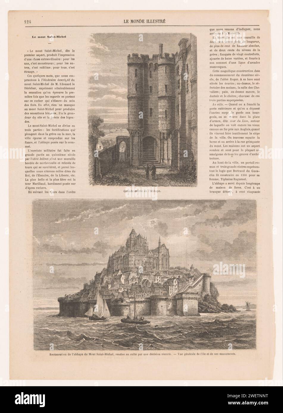 Due spettacoli con le Mont Saint-Michel come soggetto, Petit (incisore), dopo Félix Thorigny, 1864 stampa Het blad is een pagina uit il mondo illustrato, mette twee voorstellingen in houtgravure mette ALS Ondertitels: grande ingresso all'abbazia in restauro dell'abbazia di Mont Saint-Michel, resa al culto da una recente decisione. Vista generale dell'isola e dei suoi monumenti. isola di stampa della carta letterpress. abbazia, monastero, convento  chiesa cattolica romana. Esterno  rappresentazione di un edificio Mont Saint Michel Foto Stock