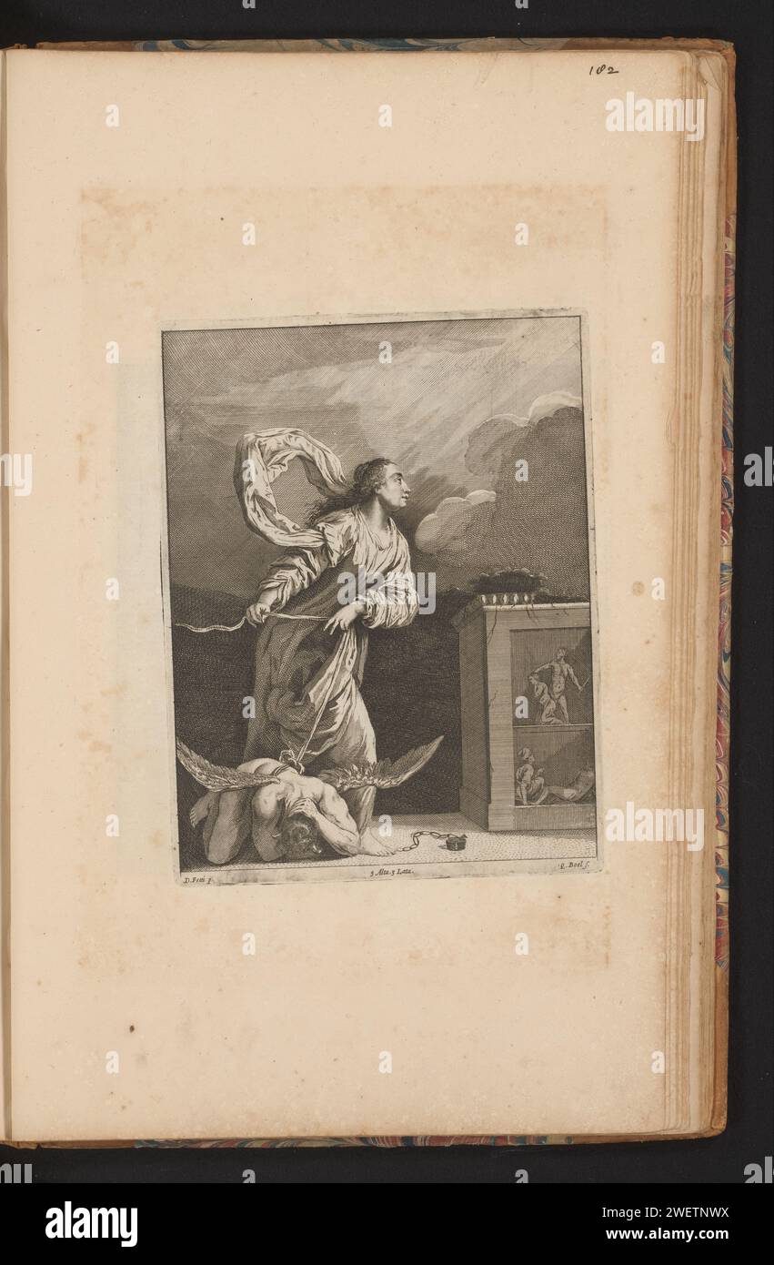 H. Juliana van Nicodemia batte il diavolo, stampa del 1660 ai piedi di St. Juliana è il diavolo legato o il demone. Questa stampa fa parte di un album. Carta, incisione St. Juliana che sconfigge il diavolo: Lo incatena o lo lega e lo trascina verso la latrina Foto Stock