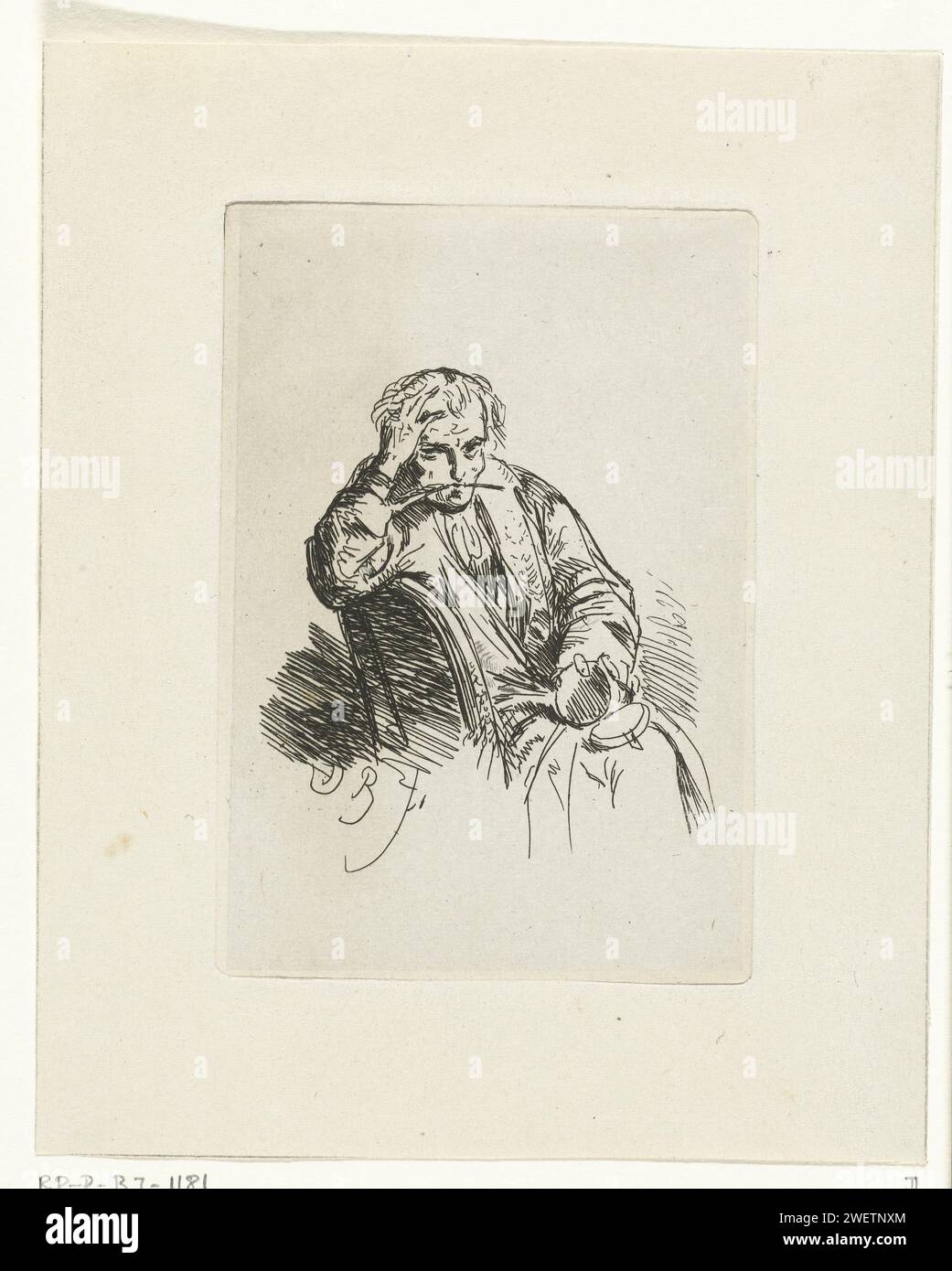Scrittore con la penna in bocca, David Bles, 1834 - 1899 stampa Un uomo con un abito da spogliatoio siede su una sedia con una penna in bocca. Ha una scatola in mano. carta. incisione/scrittura a secco, poeta, autore Foto Stock