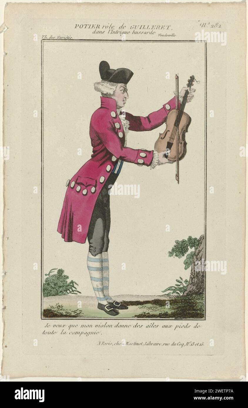 Small Dramatic Gallery, 1796-1843, No. 282: Potier ruolo di Guilleret (...), 1796 - 1843 Costume dell'attore Potier nel ruolo di Guilleret nella farsa 'l'intrigue Hussarde', messa in scena nel 'Théâtre des Variétés'. Frak, gilet e pantaloni per ginocchio. Jabot e polsini stropicciati. Calze a righe. Cappello. Scarpe con fibbie quadrate. Siol nelle mani. Stampa dalla rivista Petite Galerie Dramatique ou Recueil de Différents Costumes d'Acteurs des Théâtres de la capitale (1796-1843). attore di incisione della carta (sul palco). piatti alla moda. Abbigliamento per la parte superiore del corpo (GILET) (+ abiti da uomo). Rivestimento (F Foto Stock