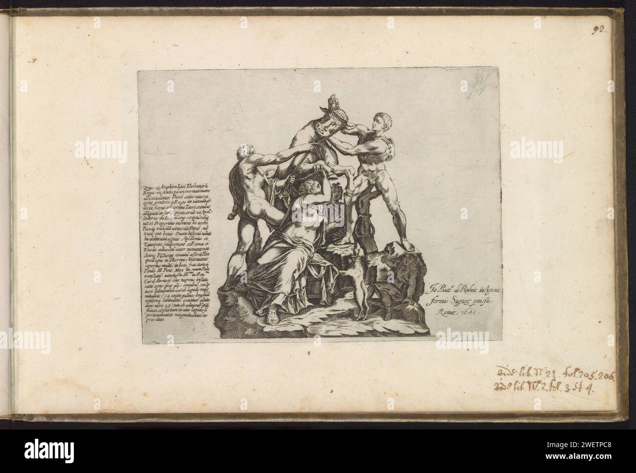 Dirce è legato a un toro, Anonymous, stampa del 1641 scultura antica conosciuta come toro Farnese. I fratelli Amphion e Stehus legano i capelli intrecciati di Dirce alle corna di un toro. Didascalia in latino. La stampa fa parte di un album. incisione di carta pezzo di scultura, riproduzione di un pezzo di scultura. Amphion e Zethus vendicano la loro madre legando Dirce alle corna di un toro Foto Stock