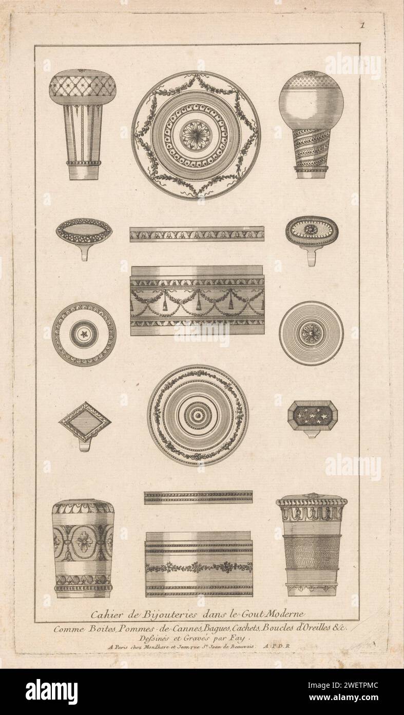 Scatole di gioielli, bottoni e anelli, disegni stampati 1784 - 1796 per quattro bottoni decorati per bastoncini da trekking (negli angoli), tre anelli (a sinistra e a destra) e due coperchi e piccole scatole di stoccaggio (al centro). scatola per gioielli per incisioni in carta. bastone da passeggio, staff. anello Foto Stock