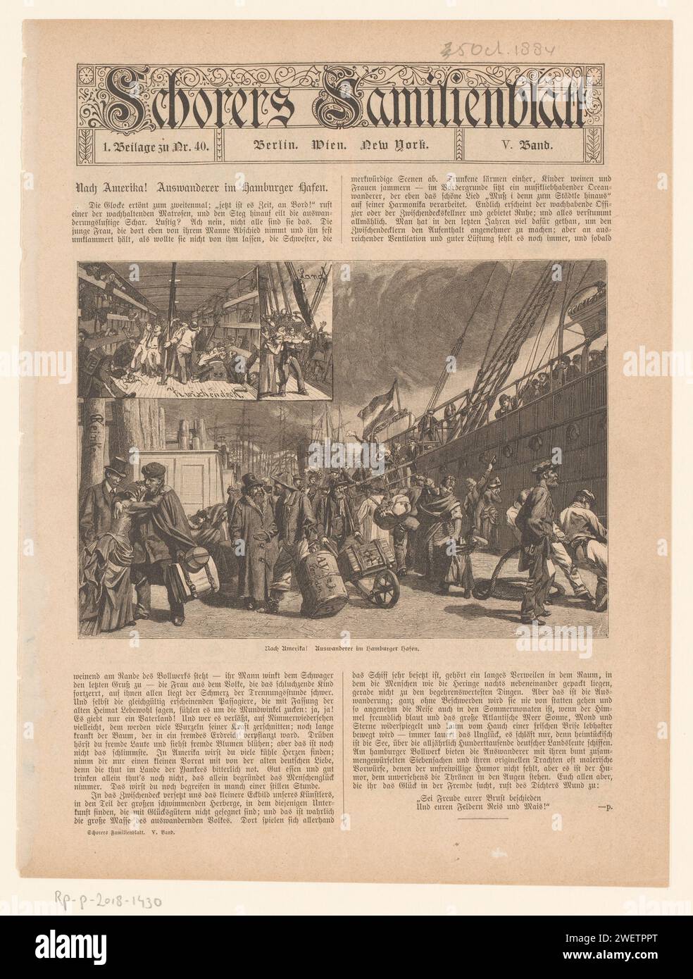 Pagina da "Schorers Familienblatt", con la partenza degli immigrati tedeschi in America nel porto di Amburgo, Richard Bong, 1884 stampa con testo tedesco su verso. carta tipografica per la stampa di fodera per passeggeri. immigrazione. Salutando addio  partenza per un viaggio ad Amburgo Foto Stock
