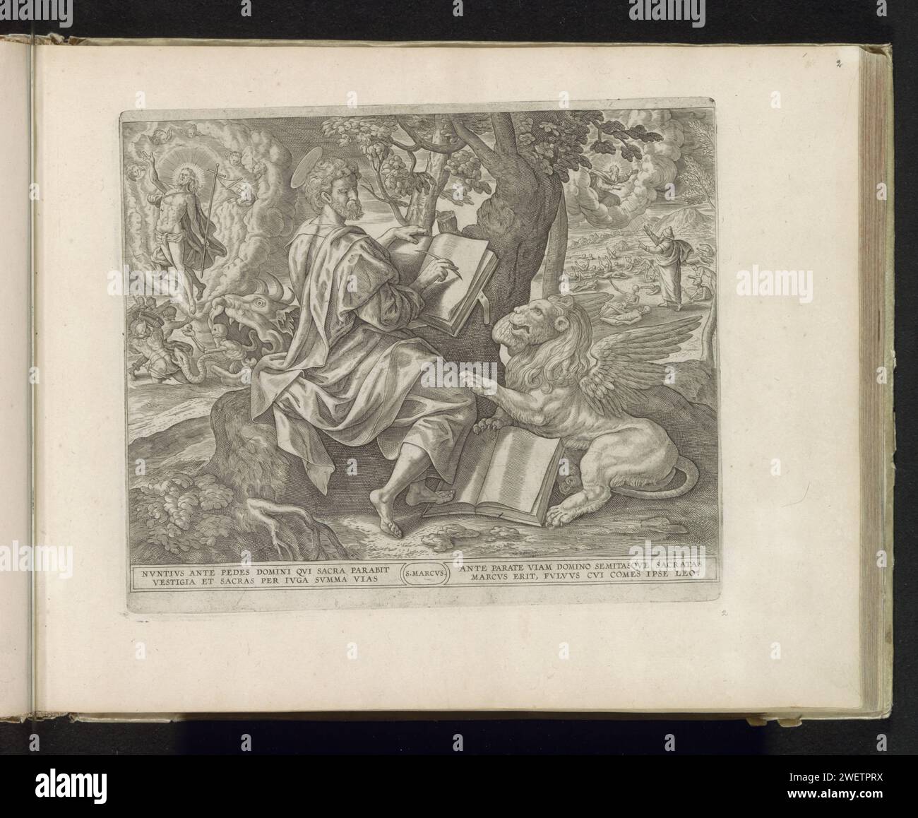 L'evangelista Marcus scrive il Vangelo, prima del 1585 stampa l'evangelista Marcus è sotto un albero e scrive il suo Vangelo. Accanto a lui il leone. In fondo a sinistra la risurrezione di Cristo, che fugge dall'Ellemond con i Diavoli. Dietro a destra la visione di Ezechiele: Vede la valle piena di ossa morte secche prendere vita. Sotto la mostra un testo a due righe in latino. Questa stampa fa parte di un album. Incisione su carta St. Segnate l'evangelista che scrive il Vangelo, di solito un leone (alato) presente. Visione di Ezechiele della valle delle ossa secche (Ezechiele 37:1-10). Cristo, di solito tenendo uno striscione, sorge fr Foto Stock