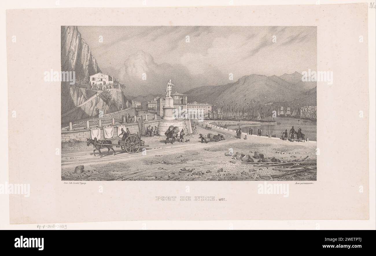 Vista del porto di Nizza, sconosciuto, Société Typographique de Nice, porto cartaceo del 1837. Vista sulla città e paesaggio con costruzioni artificiali Nizza Foto Stock