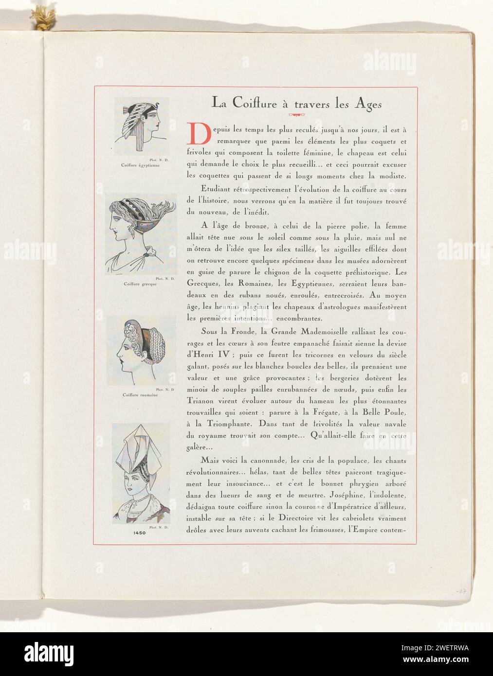 Art - Taste - Beauty, female Elegance sheets, marzo 1932, No. 139, dodicesimo anno, P. 27, Anonymous, 1932 magazine Text 'la Coiffure à Travers Les Ages' with Four Images of Egyptian, Greek, Roman and late-Medieval (1450) HairStyles. Pagina della rivista di moda Art-Goût-Beauté (1920-1933). targhe di carta. Stili di parrucchiere - AA -  donne Foto Stock