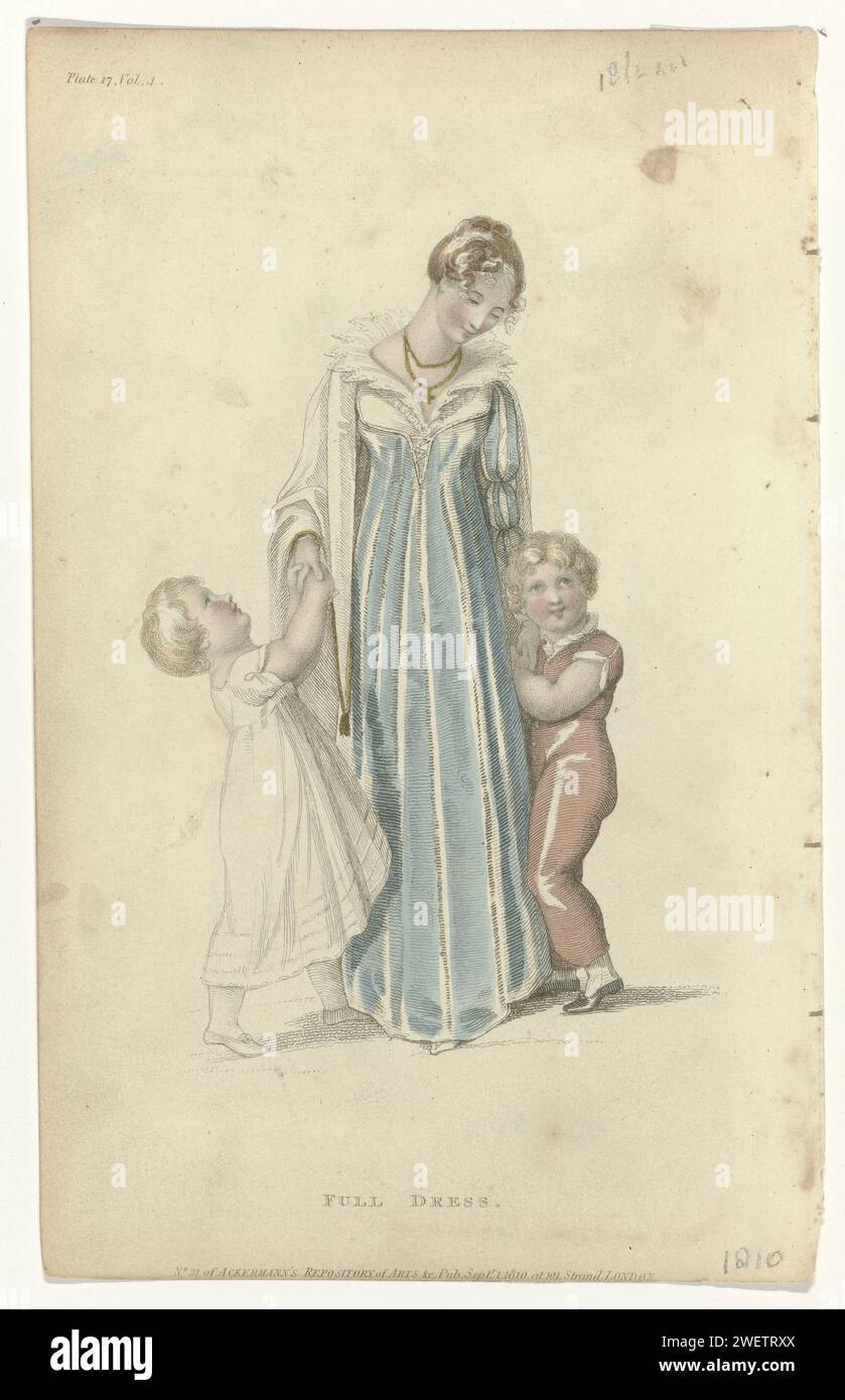 Ackermann's Repository of Arts, 1 september 1810, Plate 17, Vol. 4, No. 21: Full Dress., 1810 'Full Dress'. Indossa una collana quadrata e maniche a righe. Colletto verticale con orlo seghettato. Collier costituito da due cavi con sospensione a forma di croce. Scialle. Stampa dalla rivista di moda Ackermann 'Repository of Arts', Literature, Commerce, Manufacture, Fashions and Politics' (Londra 1809-1828). lastre di moda per incidere la carta. abito, abito (+ abiti da donna). Abbigliamento per la parte superiore del corpo (SCIALLE) (+ abiti da donna). abbigliamento da collo  (+ abiti da donna). collana (+ Foto Stock