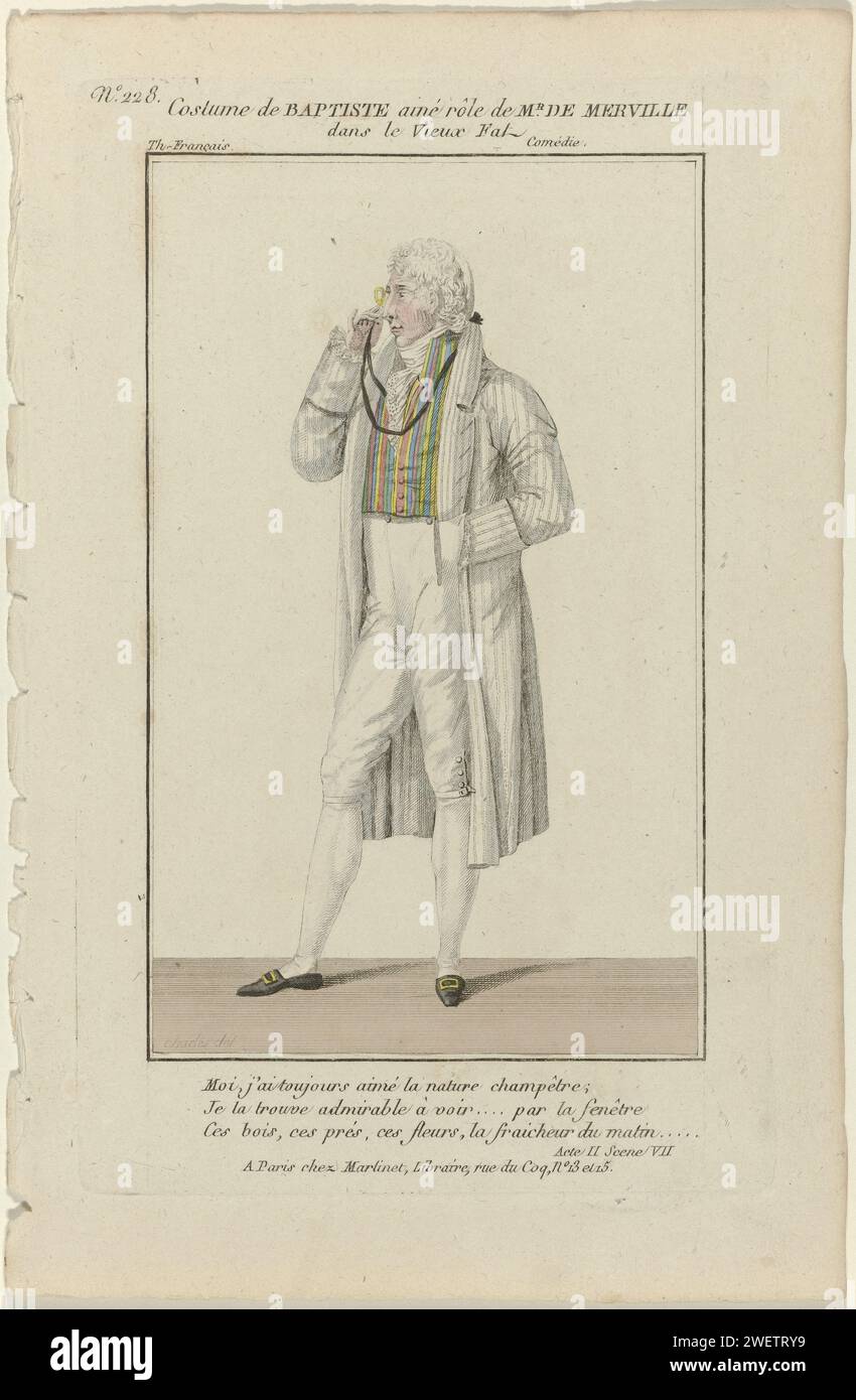 Small Dramatic Gallery, 1796-1843, No. 228: Costume battista (...), 1796 - 1843 Costume dell'attore Baptiste Ainé nel ruolo del signor De Merville nella commedia 'le Vieux Fal', messa in scena nel 'Théâtre francese' (?) A Parigi. Con tre righe di testo del secondo atto, scena sette. Giacca a righe, gilet a righe e pantaloni al ginocchio. Jabot stropicciato. Calze. Lorgnet sul cavo. Scarpe piatte con fibbie quadrate. Stampa dalla rivista Petite Galerie Dramatique ou Recueil de Différents Costumes d'Acteurs des Théâtres de la capitale (1796-1843). lastre di moda per incidere la carta. cappotto (+ abiti da uomo). pantaloni Foto Stock