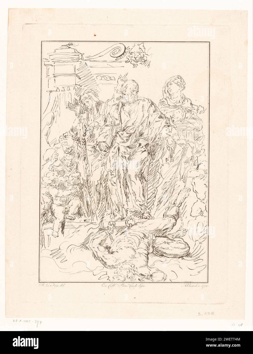 Trionfo della fede, stampa del 1790 Pietro calpesta l'eresia, presentata come un diavolo incatenato che giace per terra. Accanto a lui ci sono le personificazioni della chiesa e della fede. Paper etching Faith, "Faith"; "Fed", "Faith Catholic", "Fed Christian", 'Fed Christian Catholic Church (Ripa)  una delle tre virtù teologiche - mm - virtù trionfanti Foto Stock