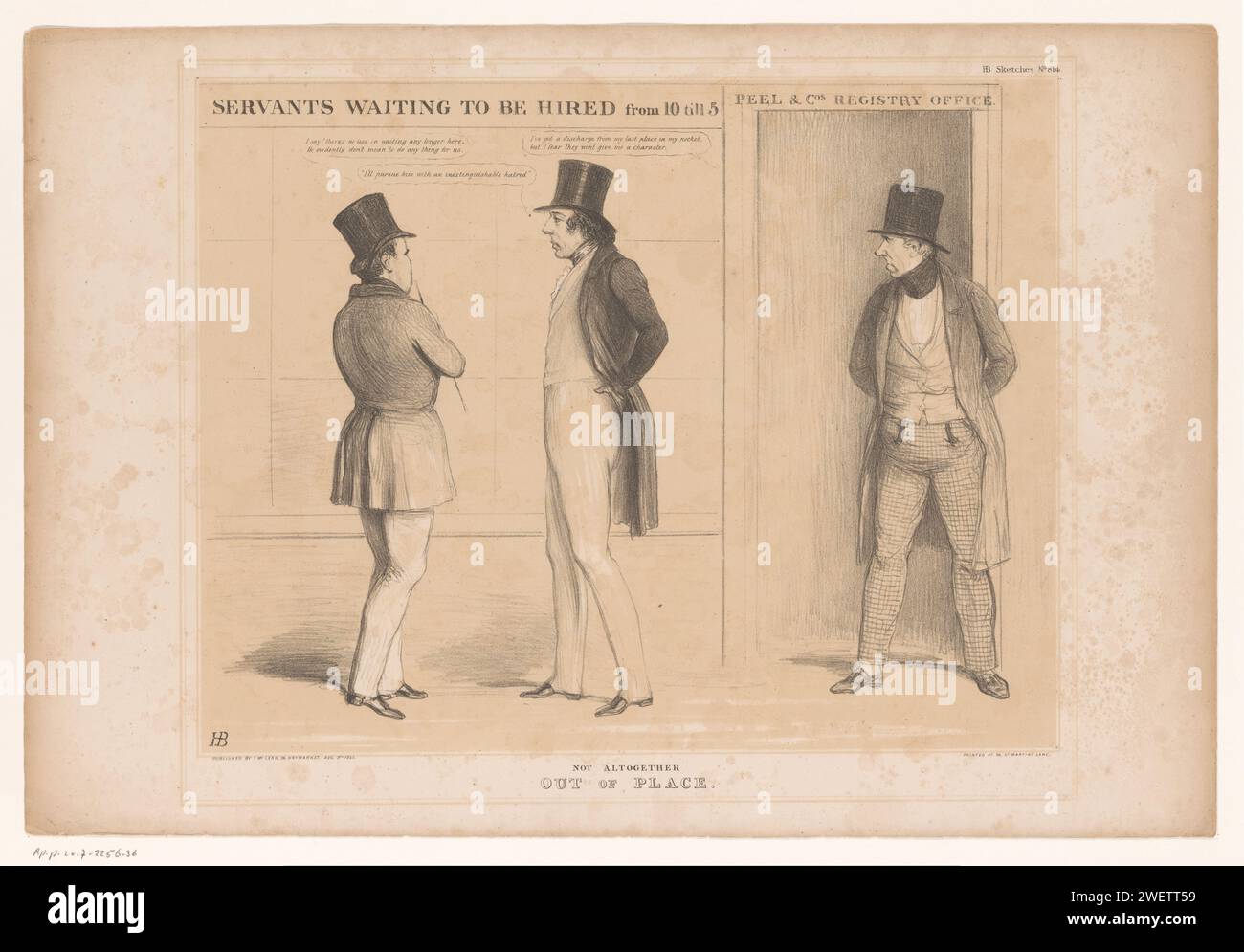 Per l'ufficio di Robert Peel, John Doyle, 1844 stampa Cartoon on on English Domestic Politics nel 1844 in cui Benjamin Disraeli e un altro uomo aspettano come cercatori di lavoro e sperano di essere assunti come servitori attraverso l'ufficio del primo ministro Robert Peel. Pubblicato come n.. 814 nella serie HB Sketches. caricature politiche e satire cartacee Foto Stock