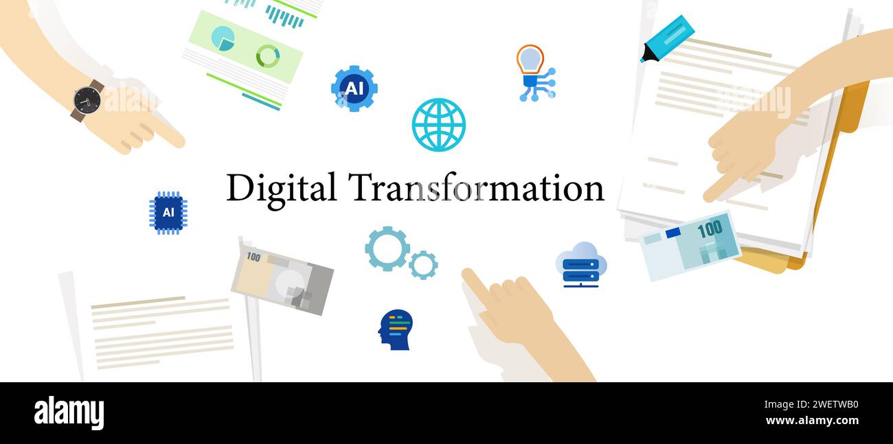 trasformazione digitale tecnologia delle imprese internet innovazione nello sviluppo dell'intelligenza artificiale Illustrazione Vettoriale