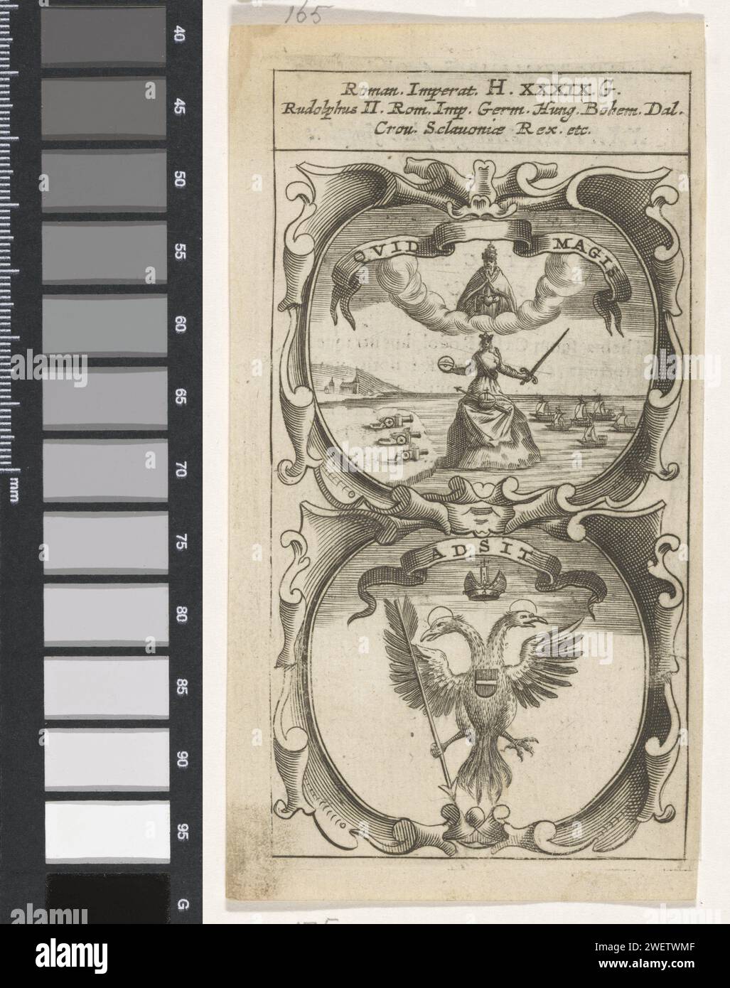 Giustizia e Dio il padre / aquila a due teste con freccia, Anonimo, dopo Aegidio Sadeler (II), 1666 stampare un emblema con due esecuzioni. Al piano superiore la personificazione della giustizia è su una roccia. I canoni sono rivolti a lei e arriva una flotta di navi. Nelle nuvole Dio padre con un cuore in mano. Sotto un'aquila a doppia corona con freccia. Sono i precursori dell'imperatore Rodolfo II incisione su carta / stampa su carta a due teste per aquila. armi di archer: arrow. Giustizia, "Justitia"; "Giustitia divina" (Ripa)  una delle quattro virtù cardinali. Dio padre Foto Stock