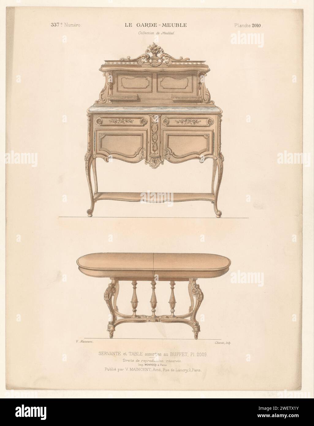 Armadio e tavolo, Chanat, 1895 - 1935 stampa Un armadio basso e un tavolo in stile Luigi XV. Stampa dal 337° numero (Livraison). mobili in carta per lo stoccaggio. tabella Foto Stock