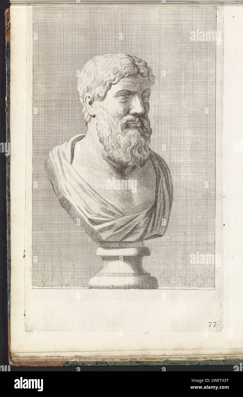 Busto di un uomo barbuto, a destra, Hubert Quellinus, 1646 - 1670 stampa la stampa fa parte di un album con una serie di stampe alle sculture della collezione di Gerard Reynst. incisione di carta pezzo di scultura, riproduzione di un pezzo di scultura. uomini di storia classica Foto Stock