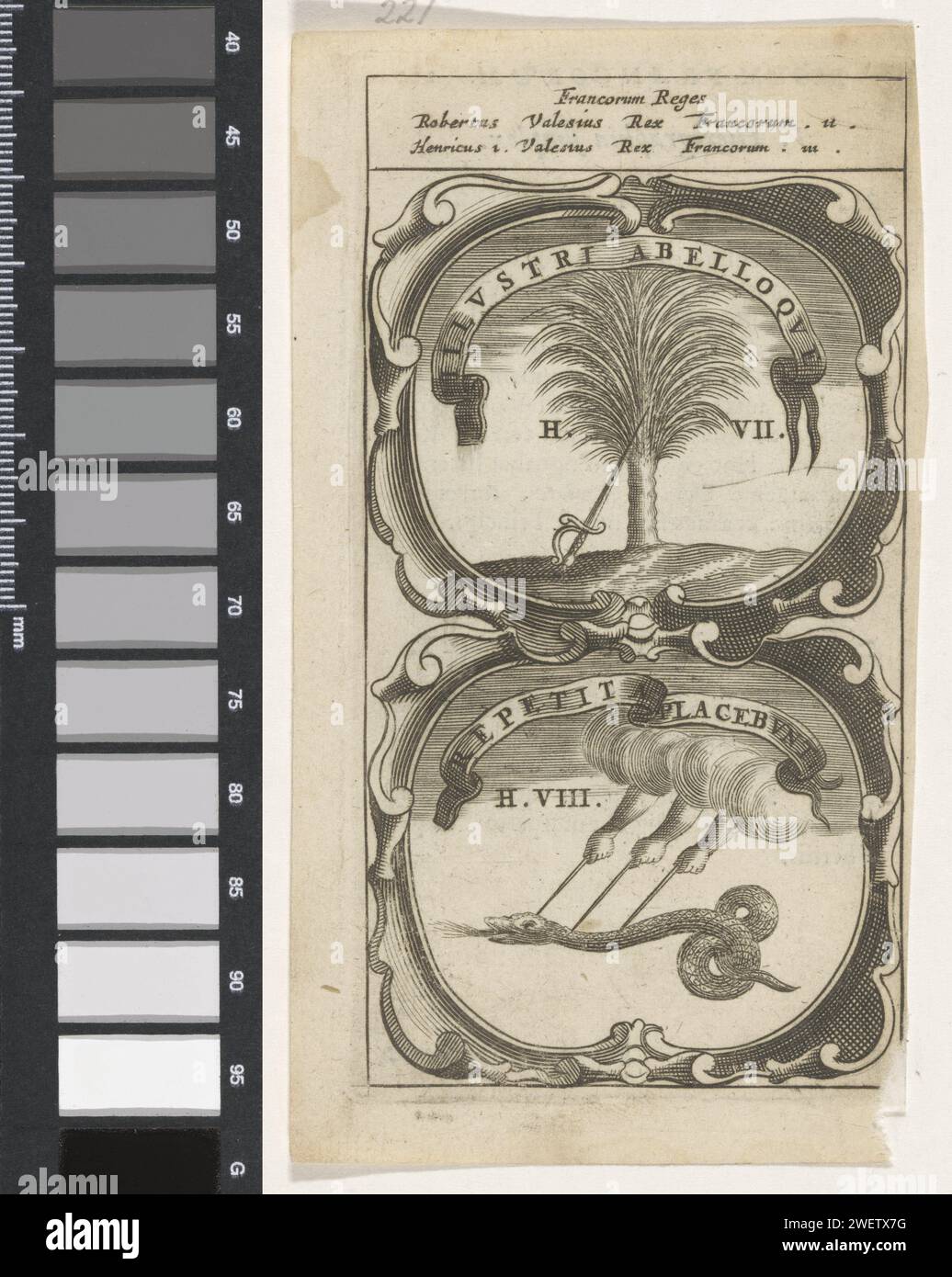 Degen appoggiato contro una palma / tre mani con spade che pugnalano un serpente, Anonimo, dopo Aegidio Sadeler (II), 1666 stampare un emblema con due esibizioni. Sopra una palma contro la quale c'è una spada. Sotto una nuvola con tre mani che attaccano un serpente con una spada. Questi sono i precursori di re Roberto II e Hendrik i di Francia. alberi per incisione su carta/stampa tipografica: palme. armi di hacking e di thrusting: spada. posture e gesti di braccia e mani. serpenti. un uomo che uccide un animale Foto Stock