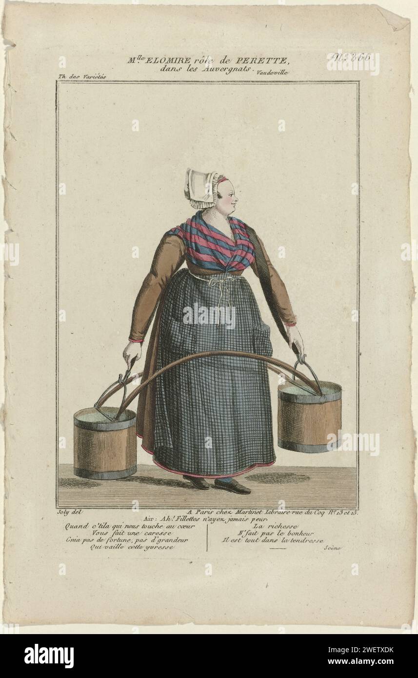 Small Dramatic Gallery, 1796-1843, No. 366: Miss Elomire ruolo di Perette, 1796 - c. 1843 Costume dell'attrice Mlle Elomire nel ruolo di Perette dalla farsa 'Les Auvergnats', messa in scena nel 'Théâtre des Variétés'. Donna o cameriera (?) Con due benne su una forcella. Indossa un vestito con grembiule a scacchi. Fichu. A strisce tappo Stampa dalla rivista Petite Galerie Dramatique ou Recueil de Différents Costumes d'Acteurs des Théâtres de la capitale (1796-1843). attrice di incisione della carta (sul palco). piatti alla moda. abbigliamento da collo  (+ abiti da donna). copricapo: berretto (+ abiti da donna Foto Stock