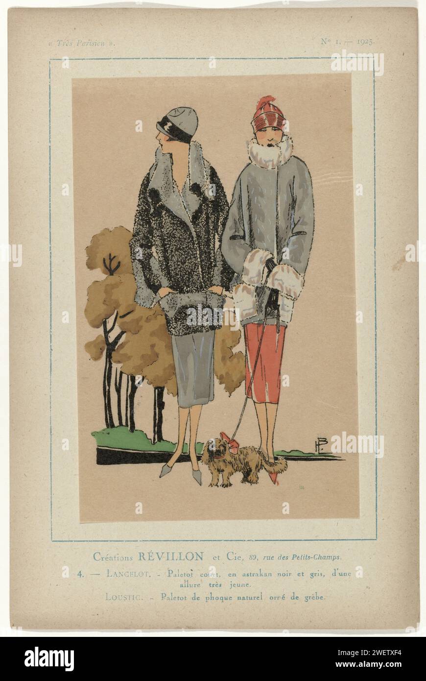 Molto parigino, 1925, n. 1, PL. 4: Creazioni Révillon et Cie, - Lancelot (...), 1925 modelli di Révillon et Cie, Rue des Petits-Champs a Parigi: "Lancelot": Un "paletot" corto (giacca) di Astrakan e "Loustic": Una giacca grigia corta rifinita con pelliccia. Stampa dalla rivista di moda Très Parisien ... La Mode, le Chic, l'élégance (1920-1936), stampa di carta letterpress. cappotto (+ abiti da donna). camminare il cane Foto Stock