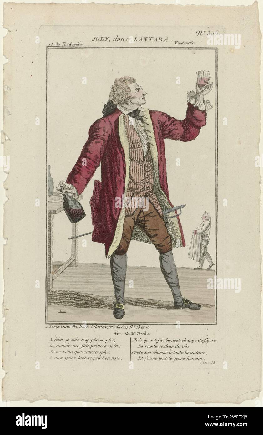 Small Dramatic Gallery, 1796-1843, No. 306: Joly, in Lantara, 1796 - 1843 Costume dell'attore Joly nella farsa 'Lantara', messa in scena nel 'Théâtre du Vaudeville' a Parigi. Giubbotto a righe e pantaloni alle ginocchia frak. Jabot e polsini stropicciati. Calze. Tasca per capelli (?). La. Scarpe con fibbie quadrate. Con due volte quattro righe di testo dalla quarta scena. Stampa dalla rivista Petite Galerie Dramatique ou Recueil de Différents Costumes d'Acteurs des Théâtres de la capitale (1796-1843). indumenti per collo con incisione di carta  indumenti (+ abiti da donna). piatti alla moda. cappotto (+ abiti da uomo). abbigliamento per le zampe Foto Stock