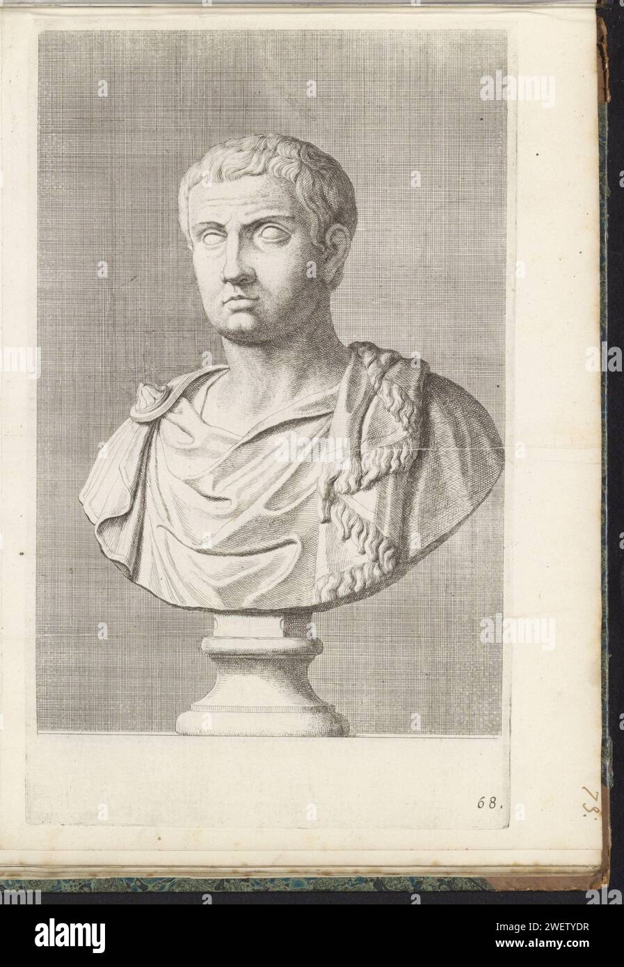 Busto di un giovane a Toga, a sinistra, Hubert Quellinus, 1646 - 1670 stampa la stampa fa parte di un album con una serie di stampe alle sculture della collezione di Gerard Reynst. incisione di carta pezzo di scultura, riproduzione di un pezzo di scultura. uomini di storia classica Foto Stock