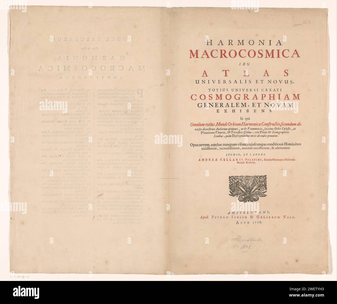 Titelpagina voor: Andreas Keller, Harmonic Macrocosmica or Atlas Universal and New, 1708, Pieter Schenk (1), 1708 paper letterpress Printing Foto Stock