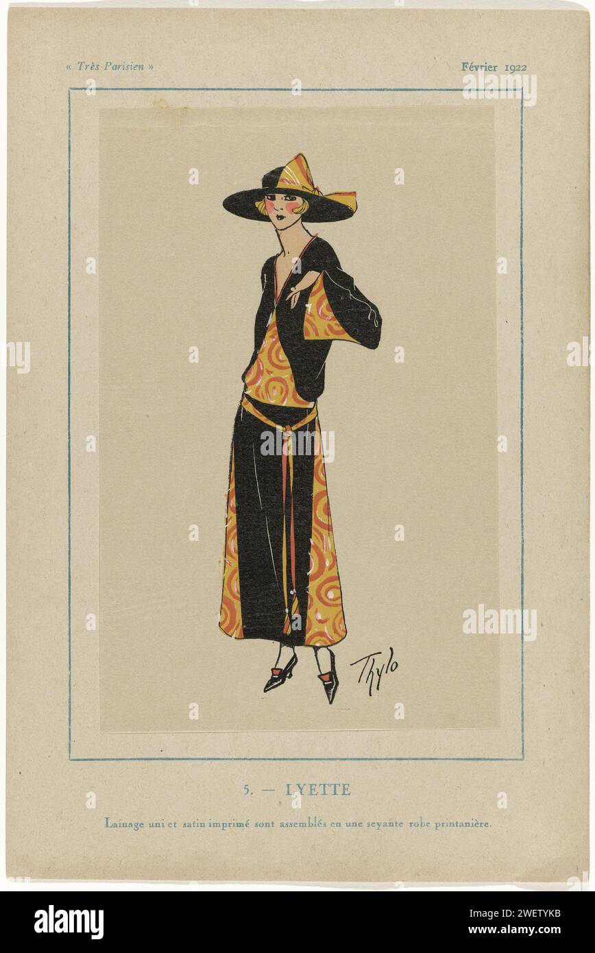 Molto parigino, febbraio 1922: 5.- Lyette, Thylo, 1922 Japon di lana e raso stampato, con cintura. Cappello con bordo largo nello stesso tessuto. Stampa dalla rivista di moda Très Parisien (1920-1936). carta letterpress stampa di piatti di moda. copricapo: cappello (+ abiti da donna). abito, abito (+ abiti da donna). cintura, cintura, cintura (+ abiti da donna) Foto Stock