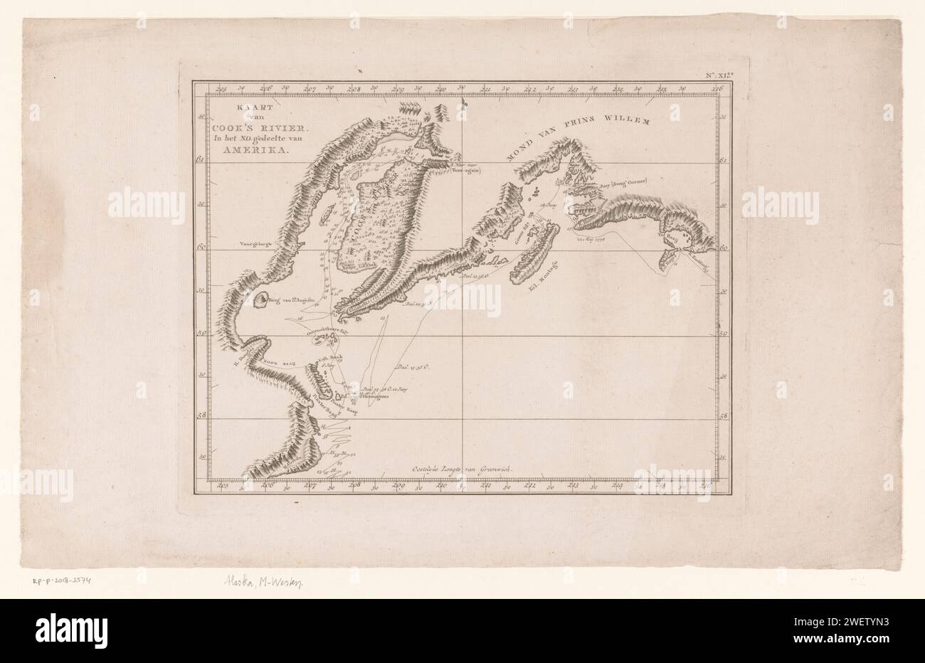 Mappa di Cooks River, America, Anonimo, 1780 - 1800 Stampa mappa di Cooks River. È indicato il percorso della spedizione nel 1778 di James Cook. Una distribuzione di grado. Mappe di incisione cartacea, atlanti dell'America settentrionale e centrale Foto Stock
