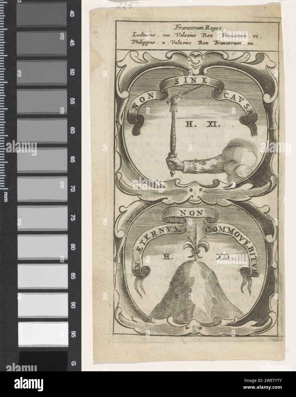Braccio reale con scettro e spada / giglio francese su una montagna, anonimo, dopo Aegidio Sadeler (II), 1666 stampare un emblema con due esibizioni. Sopra un braccio vestito in manica con un giglio francese. Il braccio reale ha uno scettro. Lo scettro ha una spada. Sotto una montagna su cui un giglio francese. Questi sono i precursori del re Luigi II e di Filippo II di Francia. incisione su carta/stampa su carta scorpioni. montagne. posture e gesti di braccia e mani Foto Stock