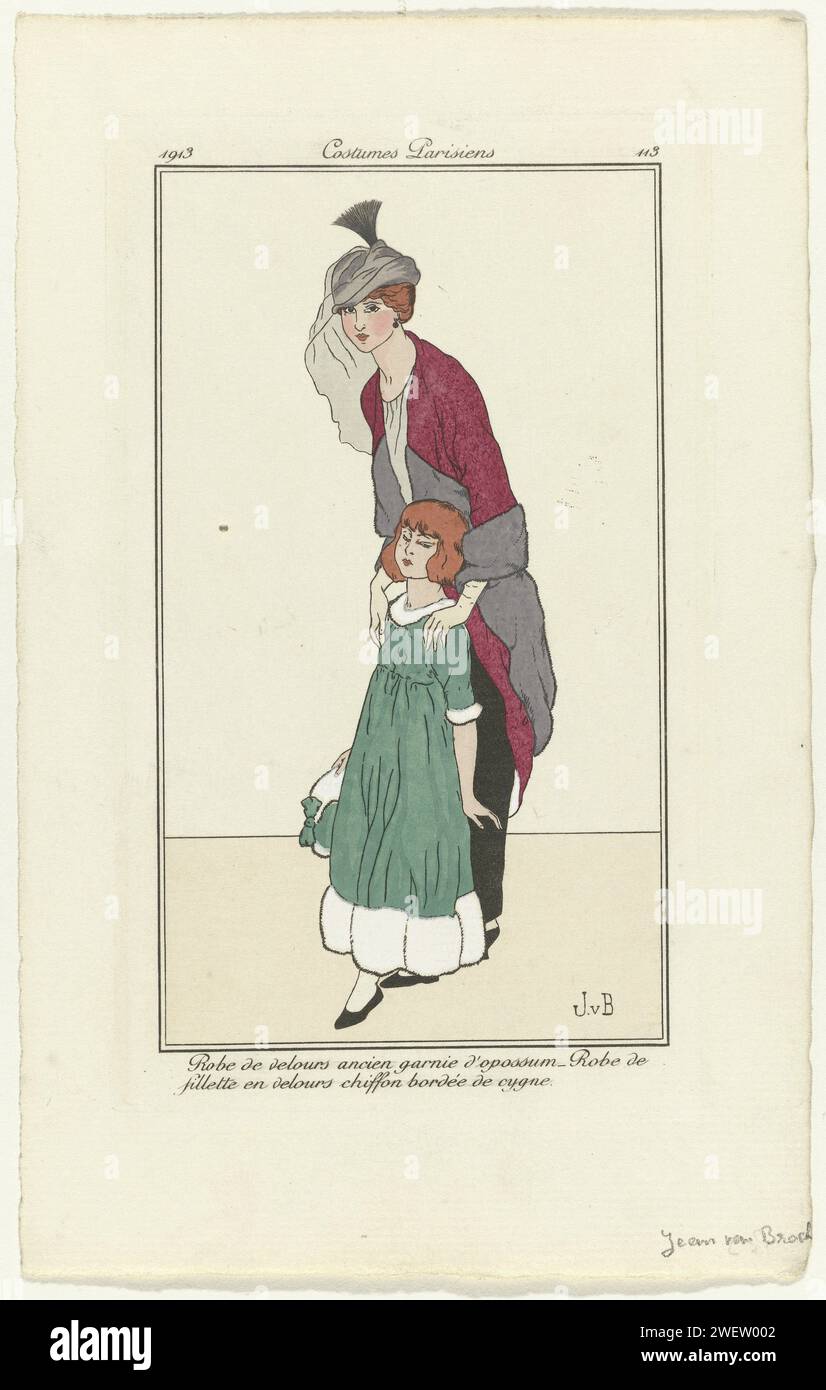 Diario delle signore e degli abiti, costumi parigini, 1913, no 113: Abito in velluto (...), 1913 donna in un abito di 'vellor ancien' decorato con pelliccia di opossum. Una ragazza con un vestito per bambini di "Velor Chiffon" è caduta con Zwanendons. Stampa dalla rivista di moda Journal des Dames et des Modes (1912-1914). lastre di moda per incisioni in carta. abito, abito (+ abiti da donna). copricapo: cappello (+ abiti da donna). parti ornamentali di indumenti (+ pelliccia utilizzata per gli indumenti). abito, abito (+ vestiti per bambina/ragazza). copricapo (+ vestiti per bambina/ragazza). velo (+ abiti da donna). madre e figlia (gruppo familiare) Foto Stock