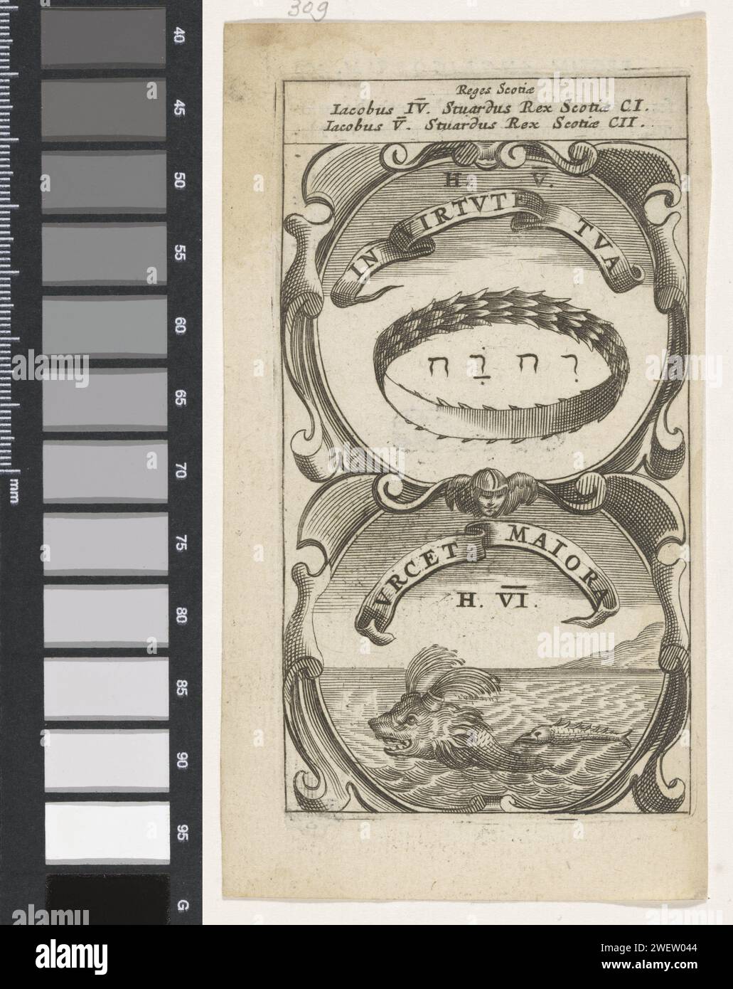 Corona con il nome di Dio / pesce nuoto dietro un delfino, Anonimo, dopo Aegidio Sadeler (II), 1666 stampare un emblema con due spettacoli. Sopra una corona o corona con il nome di Dio in ebraico. Sotto un pesce nuota dietro un delfino nel mare. Questi sono i precursori di Jacobus IV e Jacobus V di Scozia. Incisione su carta / stampa tipografica tetragramma (in alfabeto ebraico)  religione ebraica. garland, corona. Mammiferi che nuotano: delfini - FF - animali favolosi (a volte erroneamente chiamati "grottesche"); "mostri" (Ripa). pesci Foto Stock