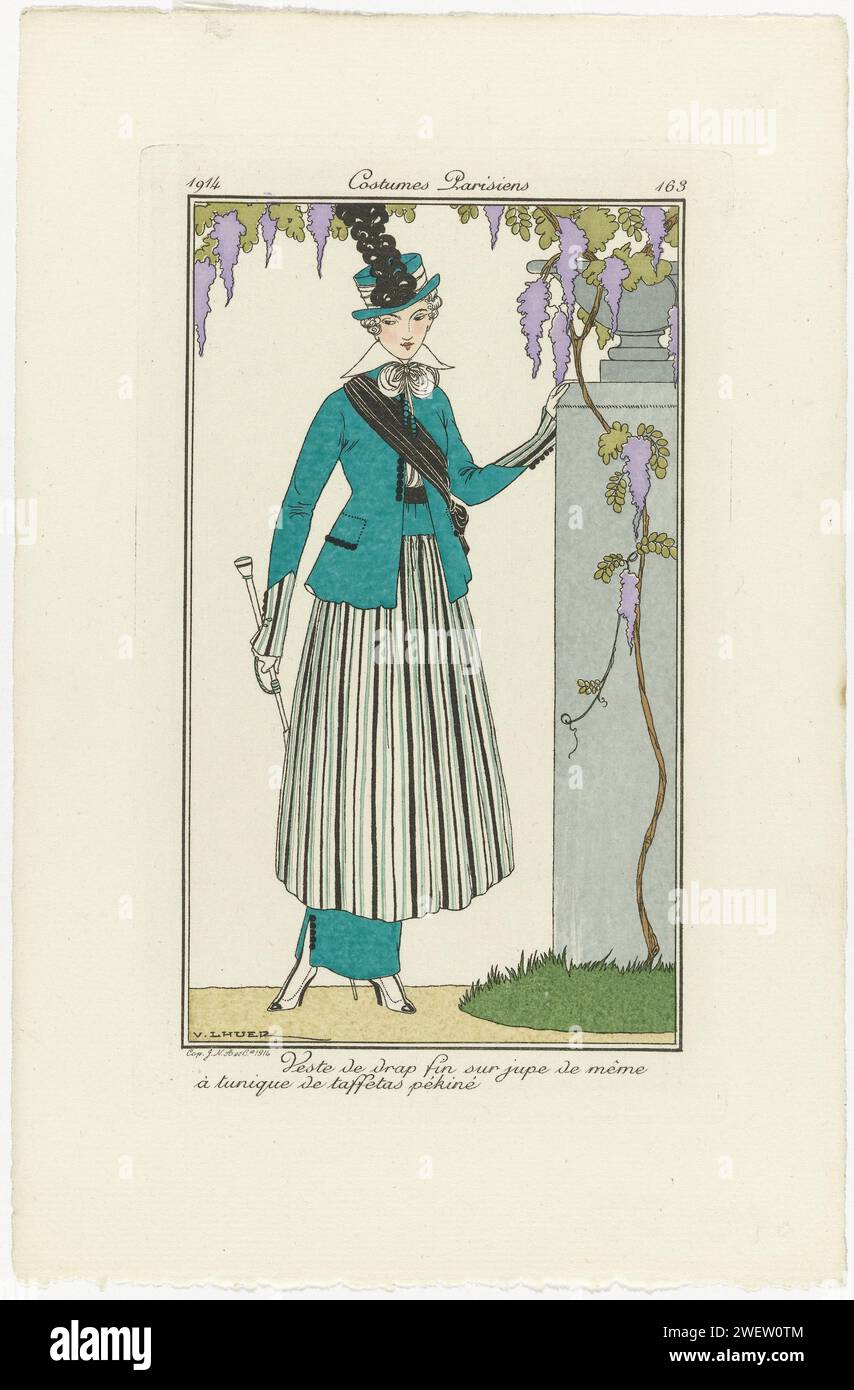 Journal of the Ladies and Fashions, Parisian Costumes, 1914, No. 163: Giacca di stoffa (...), 1914 giacca di foglio fine sulla stessa gonna. Tunica di Tafzijde o "Taffetas Pékiné". Cappello con molla grande. Stampa dalla rivista di moda Journal des Dames et des Modes (1912-1914). lastre di moda per incisioni in carta. abito, abito (+ abiti da donna). cappotto (+ abiti da donna). copricapo (+ abiti da donna). scarpe, sandali (+ abiti da donna). Abbigliamento per la parte superiore del corpo (TUNICA) (+ abiti da donna) Foto Stock