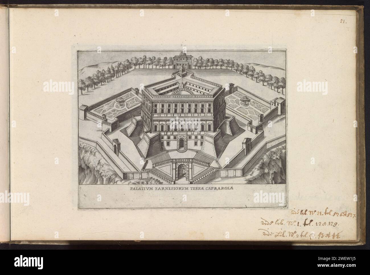 Gezicht op villa Farnese te Caprarola, Giacomo Lauro, 1638 Print fa parte di un album. Villa Farnese con incisione di carta Foto Stock