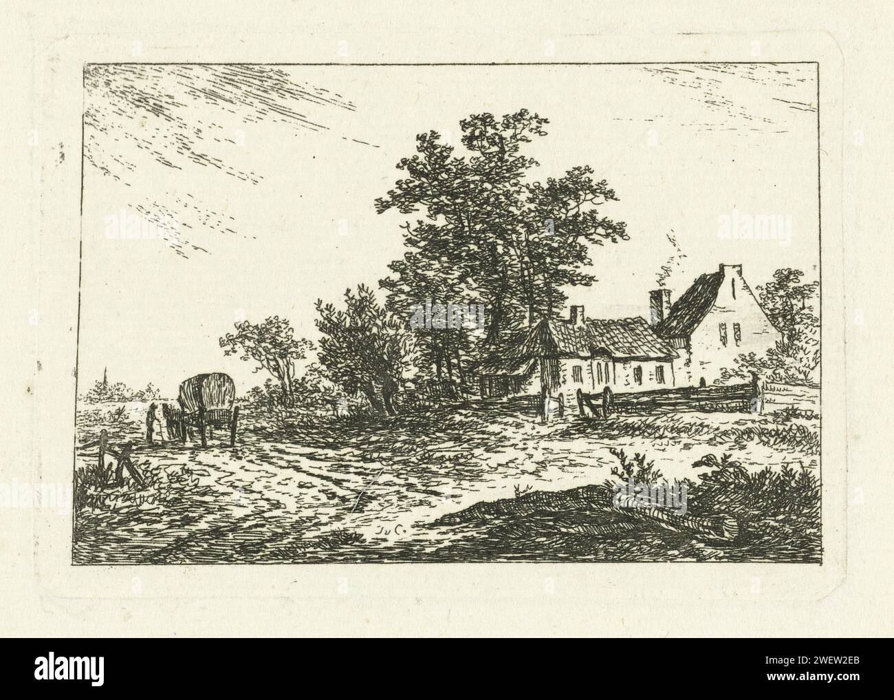 Paesaggio con carrozza, Johannes van Cuylenburgh, 1803 - 1841 stampa carta acquaforte fattoria o casa solitaria nel paesaggio Foto Stock