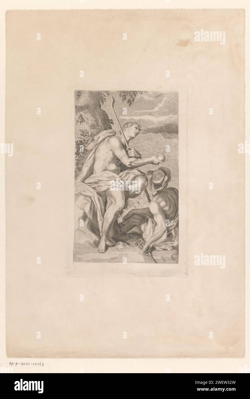 Parigi e mercurio, anonimo, dopo Willem Isaacsz. Van Swanenburg, 1850 - 1899 stampa Parigi è seduto sotto un albero. Nella mano sinistra ha un bastone da pastore e una mela nella mano destra. Mercurio è in piedi. Indossa un cappello alato e tiene un caduceo. Incisione su carta / incisione del giudizio di Parigi (mercurio presente) Foto Stock