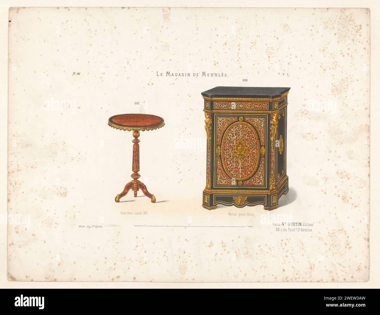 Guidon in Kast, Anonimo, dopo Victor Joseph Quétin, 1832 - 1877 stampa Un gueridon in stile Luigi XVI e un armadio basso. mobili in carta per lo stoccaggio. tabella Foto Stock