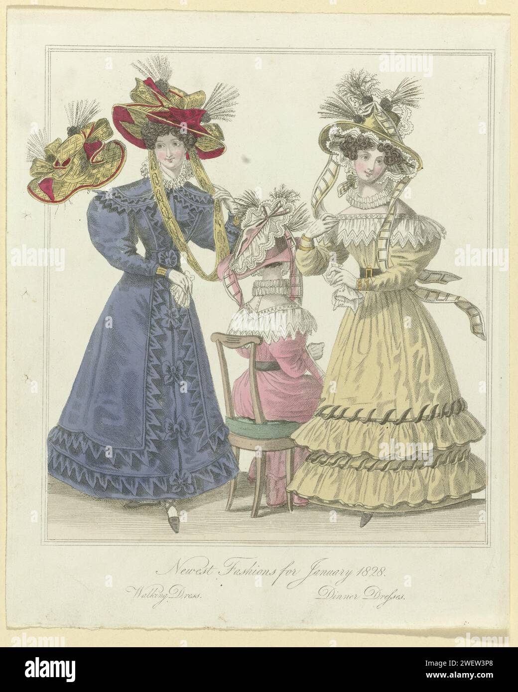 The World of Fashion, New Fashions for January 1828 : Walking Dress (...), 1828 le ultime modalità per gennaio 1828. Sulla sinistra una donna in un abito da trekking con doppio colletto a spalla con orlo servito. Maniche per gambe di pecora. Gonna al centro della parte anteriore decorata con cinque archi. Cappello decorato con nastri e aigrettes. Lo stesso cappello è mostrato dal retro accanto alla donna. Destra: Due abiti da cena di Gros de Naples decorati con Volants e 'Dag Raffes'. Fichu van Tule. Cappello di velluto decorato con una "croce" e due aigrettes, dai negozi Mure. Fazzoletto in mano. Stampa dal formato ma Foto Stock