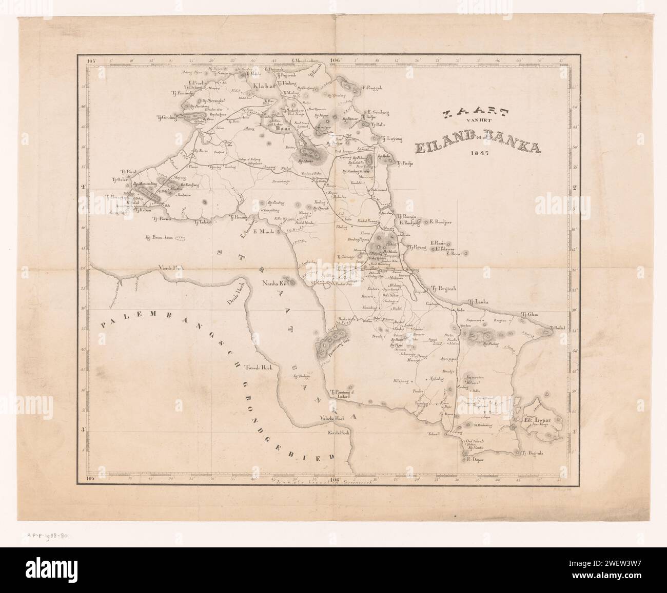 Mappa dell'isola di Bangka, 1847, Koenig, 1800 - 1880 Stampa mappa dell'isola di Bangka. Una distribuzione di grado. Cartine cartacee, atlanti Bangka Foto Stock