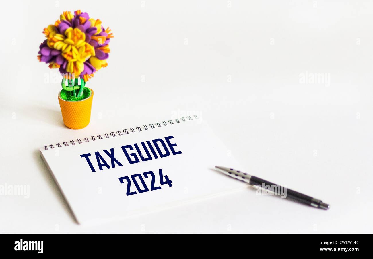 Testo DELLA LINEA GUIDA fiscale 2024 su un blocco note su sfondo bianco con un fiore. Concetto aziendale Foto Stock