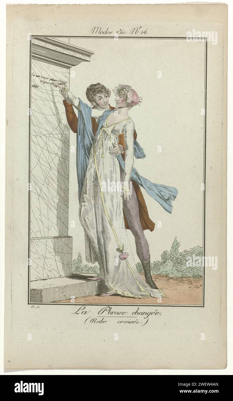 Modalità e modi del giorno, 1799-1800, No. 14: La frase è cambiata. (Abito incrociato), 1799 - 1800 Una giovane donna scrive un testo su un muro di marmo ('Your (ne) veux (Plus) aimes toujours (odie)'), aiutato da un uomo. Lascia cadere un fiore dalla sua mano. La donna indossa un abito con cavalcavia, rifinito con un bordino giallo. Maniche lunghe e traino. Accessori: Cappello con pneumatico sotto il mento, sciarpa, scarpe piatte con nasi appuntiti. Indossa una giacca con pantaloni lunghi e aderenti. La stampa fa parte di una serie di 52 stampe di moda, 'Modes et Manières du Jour', Parigi, 1799-1808. lastre di moda per incidere la carta. testa-ingranaggio Foto Stock