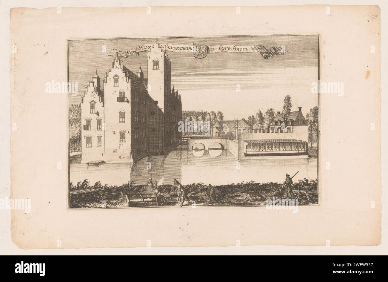 Vista del castello di Sandenburg, Jan van Vianen (attribuito a), dopo Caspar Specht, ca. 1730 stampa carta incisione/incisione castello Nederlangbroek. Castello Sandenburg Foto Stock