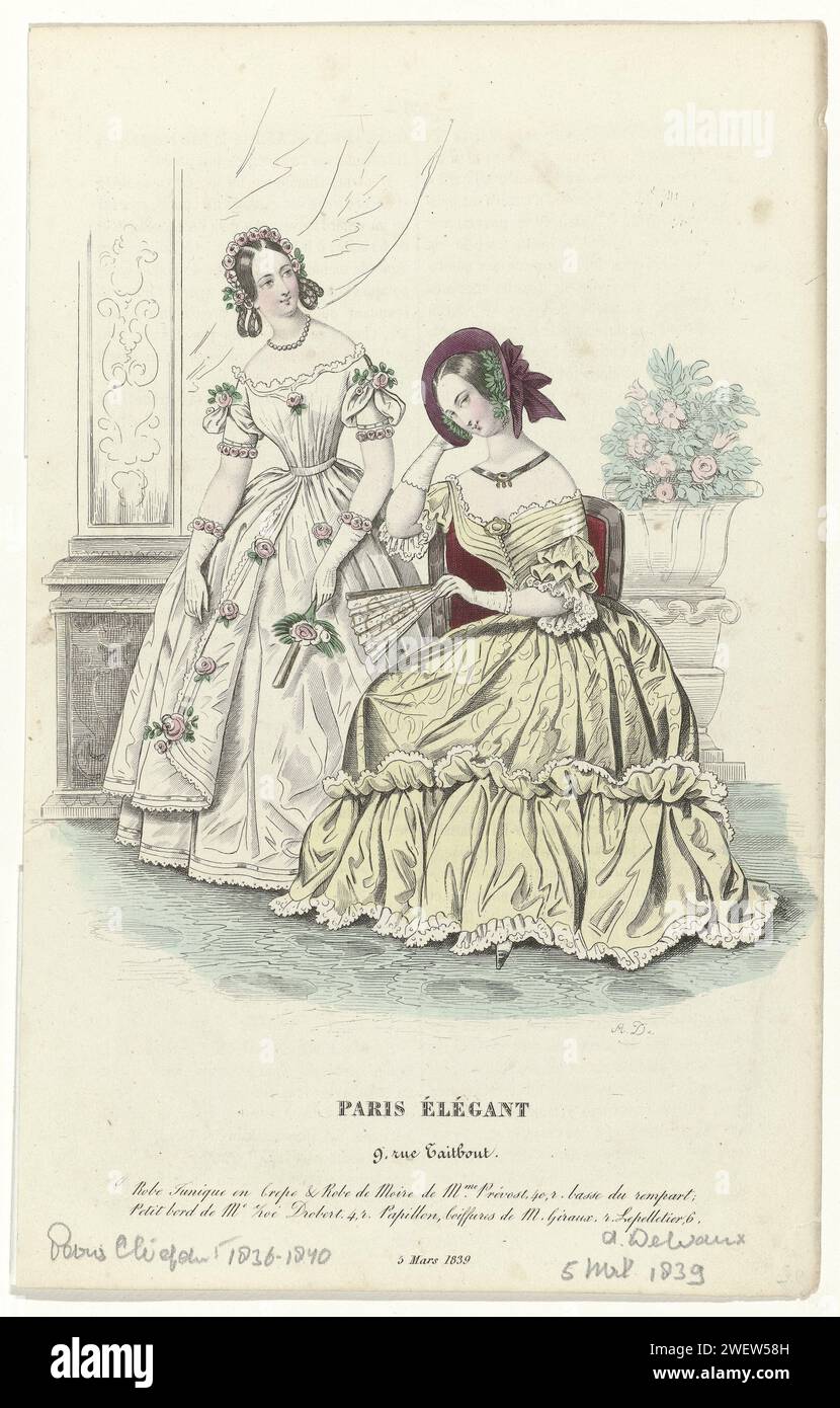 Elegant Paris, 5 marzo 1839: CREP Tunica abito (...), 1839 due donne in un interno. Secondo la didascalia: "Abito Tunique" di crêpe e un abito di "Moire" di Prévost. Banca di Zoé Drobert. "Coiffures" di Giraux. Stampa dalla rivista di moda Paris Élégant (1836-1881). lastre di moda per incisioni in carta. abito, abito (+ abiti da donna). abbigliamento da collo  (+ abiti da donna). Stili di parrucchiere - AA -  donne. guanti, guanti, ecc. (+ vestiti da donna). fan (+ vestiti da donna). collana (+ abiti da donna). spilla, agraffa, fibbia (+ abiti da donna). fiori recisi; nosegay, mazzo di fl Foto Stock