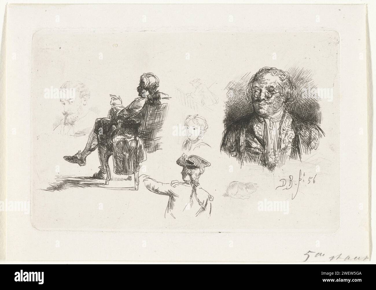 Foglio di studio con figure diverse, David Bles, stampa del 1856 a sinistra c'è un uomo su una poltrona, sotto un soldato con un cappello, sulla destra un busto di un signore anziano con gli occhiali. In mezzo: Un gatto, un busto ritratto di una donna e un uomo, e un uomo che sale le scale. carta. disegno, schizzo Foto Stock