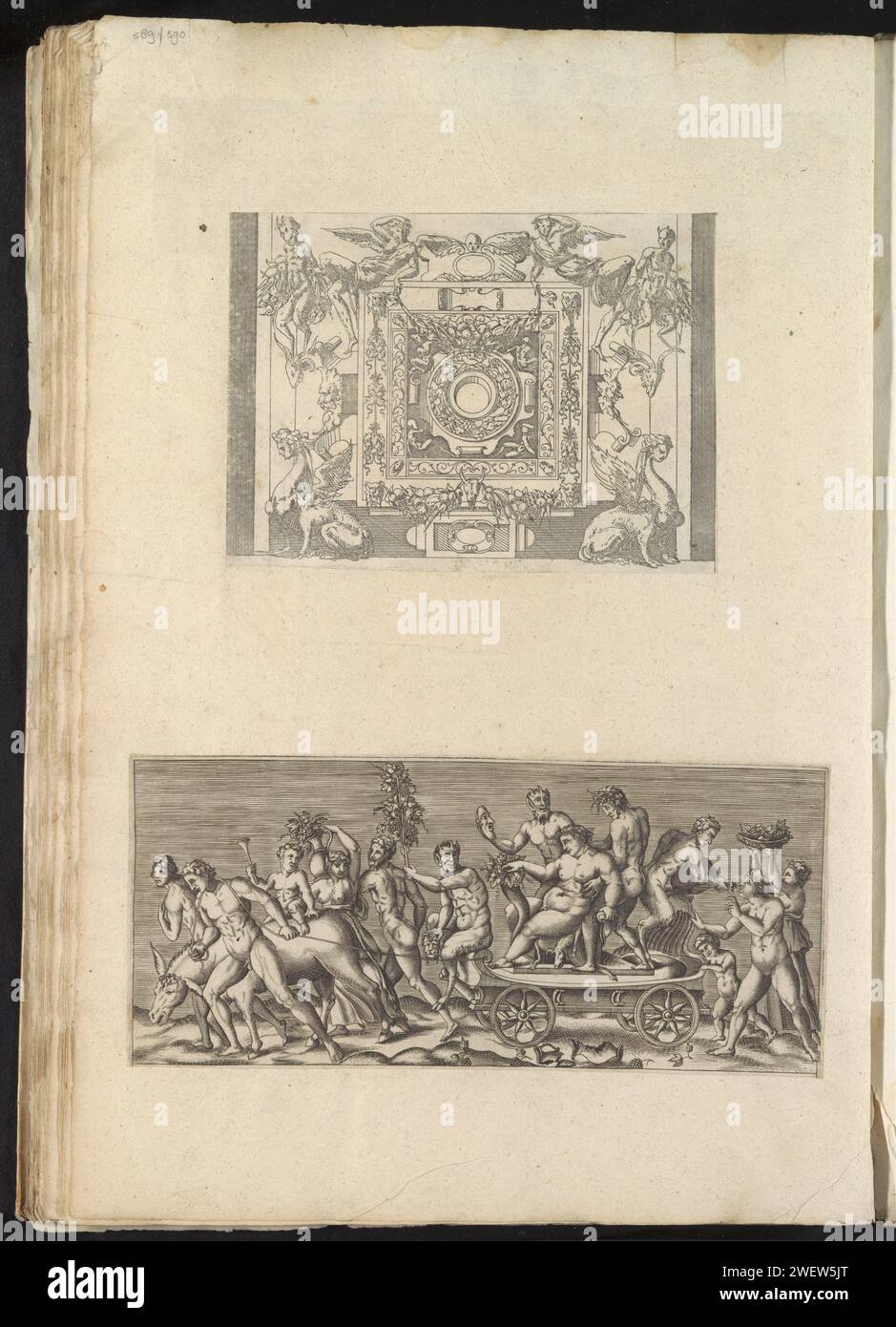 Rivista album con due stampe con un cartiglio e il trionfo di Bacco, Anonimo, dopo Giulio Romano, 1500 - 1599 stampa album rivista con due stampe tagliate: Un cartiglio ornamentale e il trionfo di Bacco. Incisione / incisione su carta Trionfo di Bacco; "Carro di Bacco" (Ripa). ornamento  cartiglio Foto Stock