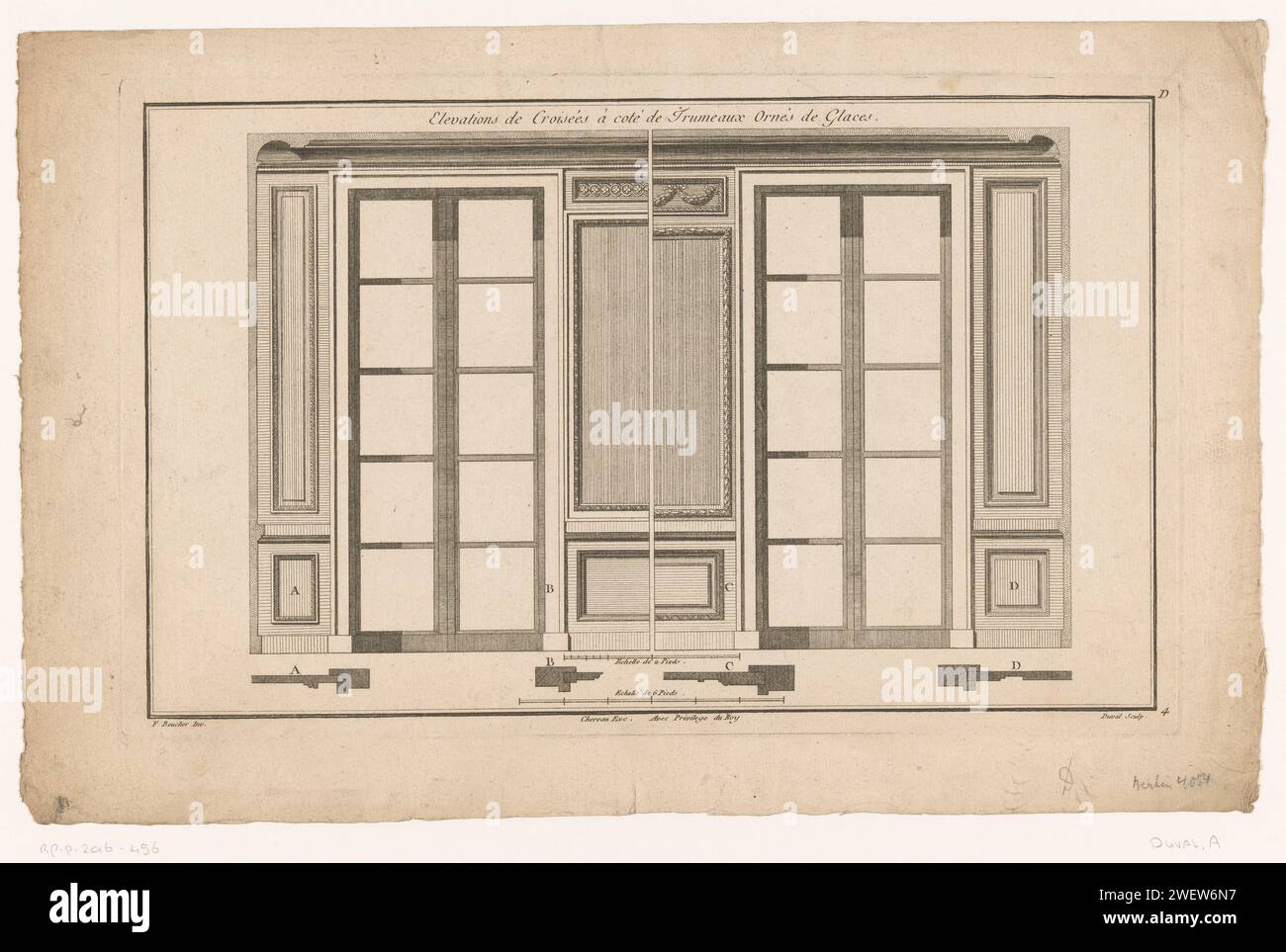 Twee vensters a Panelen, A. Duval, dopo Nathan Francois Boucher, stampa 1752 - 1794 Design e profilo di due finestre circondate da pannelli. finestra di incisione/incisione della carta. carenatura Foto Stock