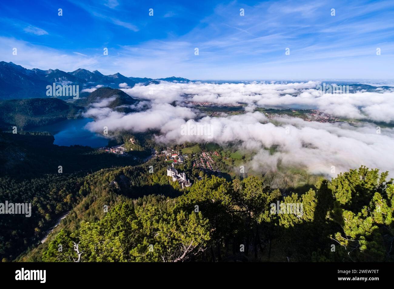Vista aerea dei castelli di Neuschwanstein e Hohenschwangau, del lago Alpsee e del paesaggio alpino circostante in autunno. Foto Stock