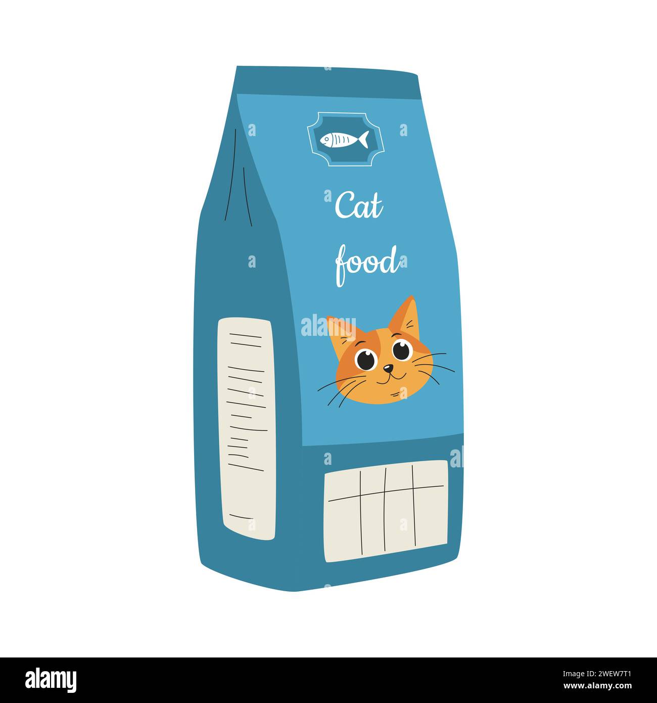 Confezionamento di alimenti per gatti. Una confezione chiusa di cibo secco per animali domestici. Un articolo per animali domestici. Un'illustrazione vettoriale piatta isolata su uno sfondo bianco Illustrazione Vettoriale