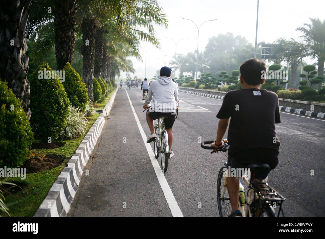 Vista posteriore degli amici asiatici in bicicletta sulla strada della città. Foto Stock