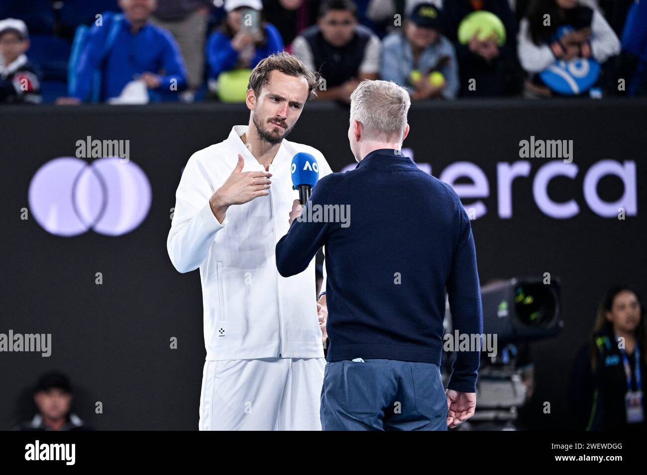 Melbourne, Australia. 26 gennaio 2024. Daniil Medvedev durante il torneo di tennis Australian Open AO 2024 del grande Slam al Melbourne Park di Melbourne, Australia, il 26 gennaio 2024. Foto di Victor Joly/ABACAPRESS.COM Credit: Abaca Press/Alamy Live News Foto Stock