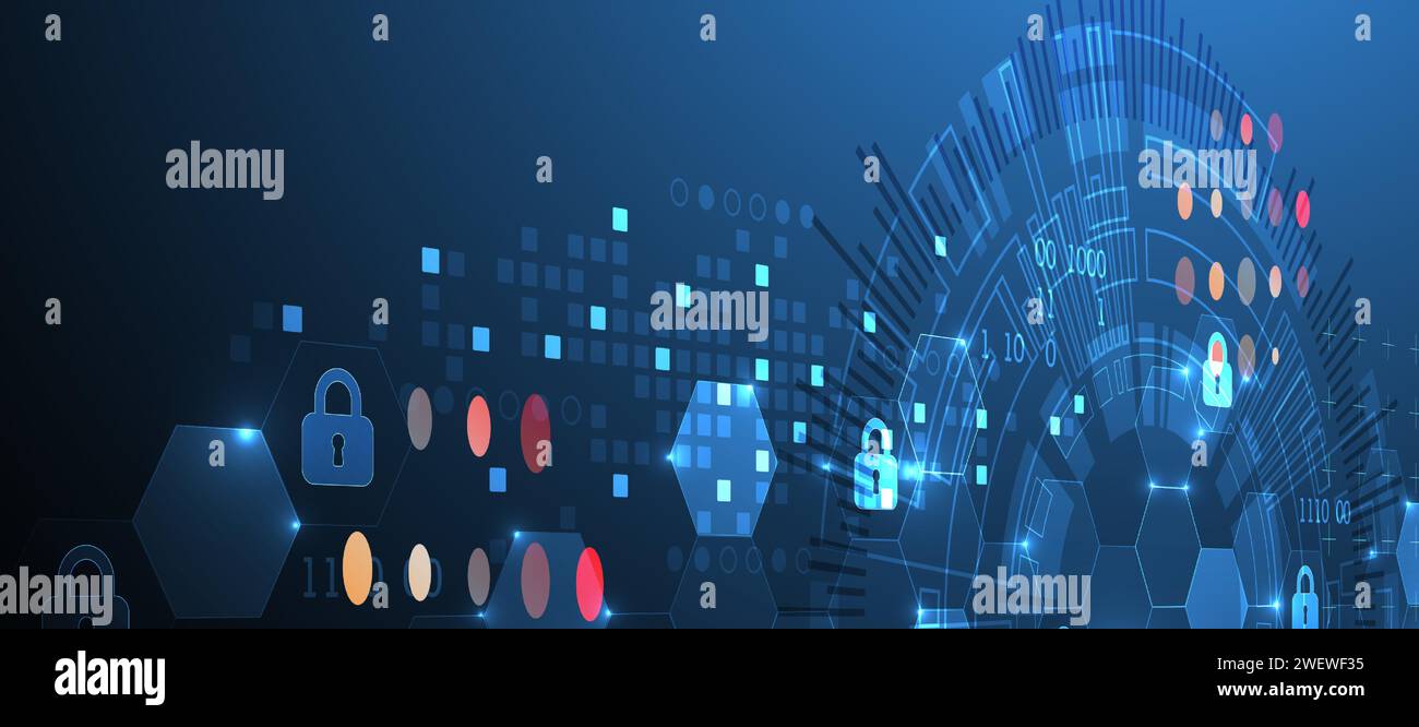 Sfondo digitale sicuro. Riservatezza virtuale, protezione della programmazione. Vettore disegnato a mano. Illustrazione Vettoriale