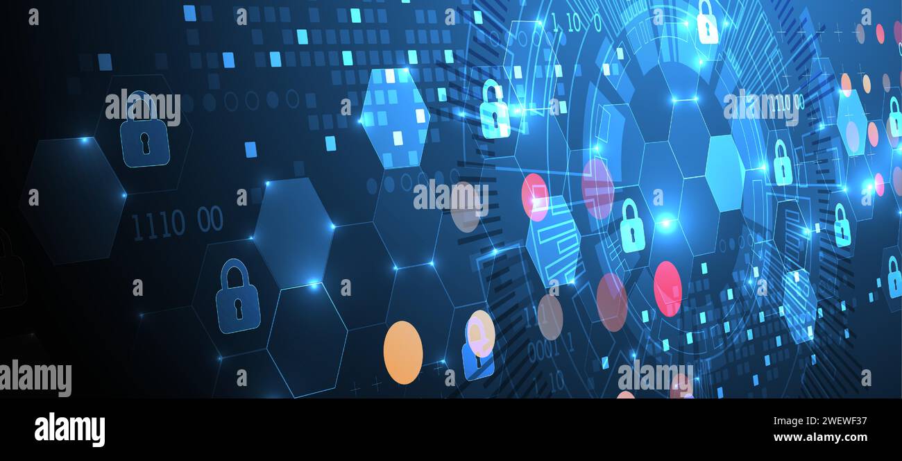 Sfondo digitale sicuro. Riservatezza virtuale, protezione della programmazione. Vettore disegnato a mano. Illustrazione Vettoriale