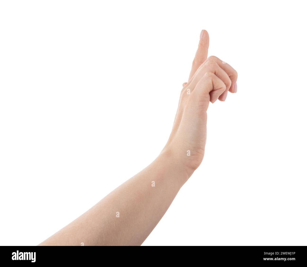 Gesto del tocco del touch screen con la mano di una giovane donna isolato su sfondo bianco, ricco di dettagli Foto Stock